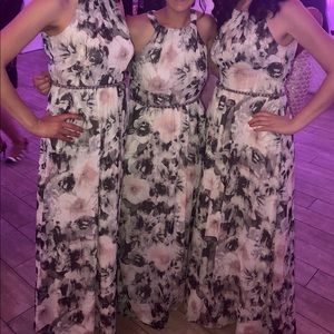 SLNY pink black and white floral gown